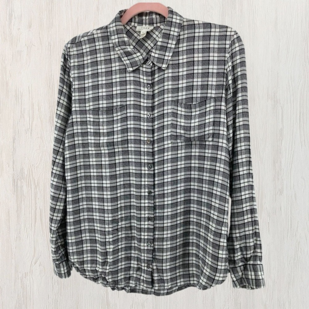 Soft Joie Womens Plaid Button Down Shirt Black White Rayon Long Sleeve Small